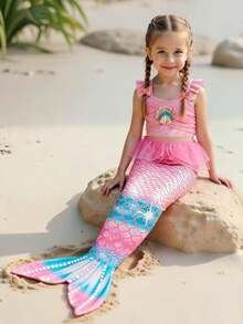 Sparklyn Young Girls Bikini Sets And Child 3-Piece Handmade Sewing Shell Contrast Gradient Skirt Mesh Splicing Skin Friendly Fabric Swimsuit Set Beach, Pool, Seaside, Surfing Vacation, Summer, Travel, Vacation Princess Swimsuit Kids Pink And Blue Kids Bathing Suit - Multicolor - View 1
