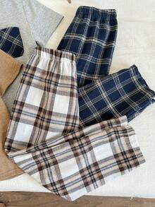 SHEIN 4件套男女童休闲舒适短袖针织T恤上衣搭配格子裤家居服睡衣套装，适合居家和户外穿着 - 彩色 - 查看 5
