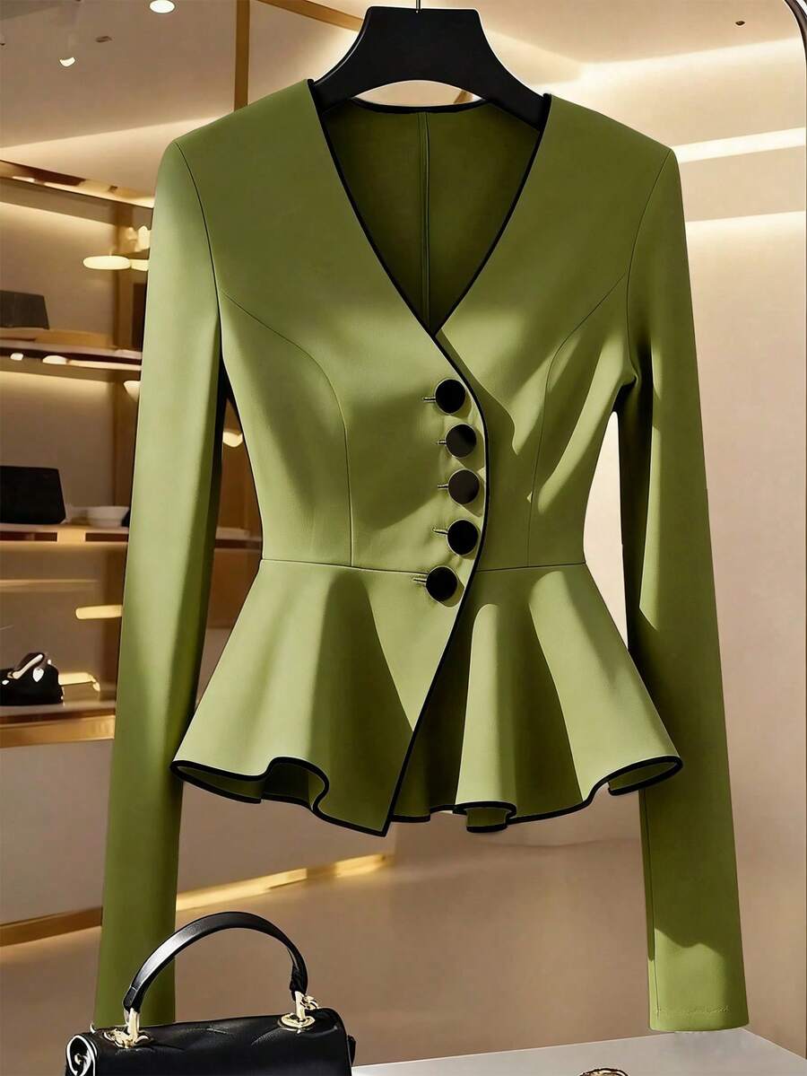 Franclia 优雅时尚的女士衬衫，白色底黑色腰带，黑白撞色长袖设计，适合日常、约会和通勤穿着。 - 橄欖綠 - 查看 1