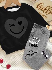 Black Series, Street Graffiti Cute Heart & Face Pattern, Baby Girl Casual Comfortable Soft Thick Warm Crew Neck Long Sleeve Sweatshirt & Skinny Jegging Leggings, Suitable For Autumn/Winter Everyday, Home, And Outings - Multicolor - View 3