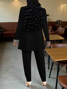 Elenzga 大码纯色优雅办公室长袖西装套装，包含外套和裤子，适合毕业典礼、返校、教师装，女士春秋季服装，豹纹拼接 - 黑色 - 查看 2