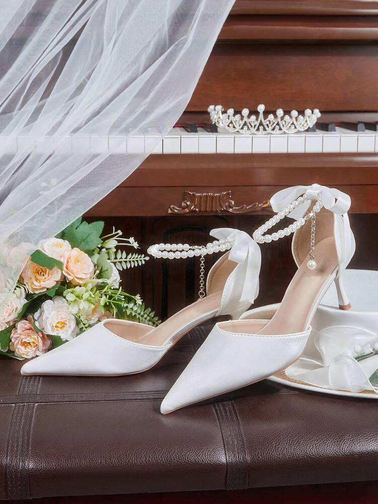 CUCCOO HITCHD Women Shoes Four Seasons New Solid Color Pearl Pointed Heel High Heel Elegant Elegant Fashion Hunliji Satin Women's High Heel Shoes Foot Pearl Ankle Strap Shoes Elegant Elegant Fashion Wedding Valentine's Day Tea Elegant Wear Valentine's Day Elegant Shoes