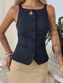 Livesso Fitted Solid Color Front Slit Casual Tank Top For Women - Navy Blue - View 3