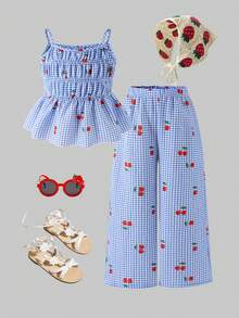 SHEIN Young Girl' Cute Striped Bow Print Camisole And Flowy Wide Leg Pants Set, Summer - Multicolor - View 4