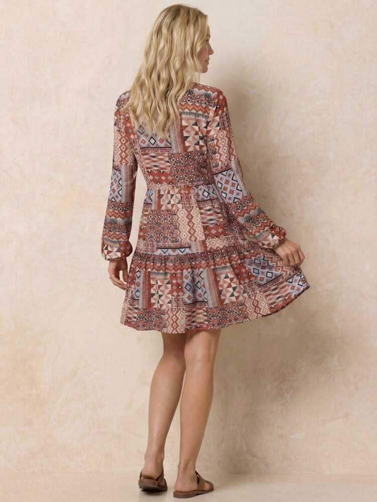 Women's Fashion Casual Geometric Print Single-Breasted Short Dress  Women's Floral Print Stand Collar Flare Sleeve Elegant Short Dress Floral Dress Women Fall Dress Long Sleeve Floral Dress Autumn Dress Elegant Floral Dress,Fall Dresses For Women