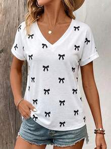 EMERY ROSE Damen Lässig Schleife Muster V-Ausschnitt Kurzarm T-Shirt, Sommer - Verschiedenfarbig - Übersicht 4