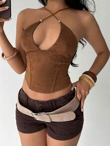 Aloruh Women's Solid Color Beaded Halter Backless Bodycon Fashionable Top - Coffee Brown - View 5