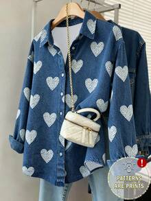 Resyla Áo sơ mi nữ cỡ lớn in hình trái tim theo phong cách denim cổ điển cho ngày Valentine - Nhiều màu - Xem 1