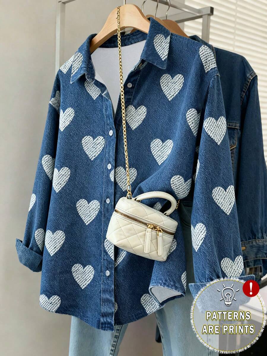 Resyla Áo sơ mi nữ cỡ lớn in hình trái tim theo phong cách denim cổ điển cho ngày Valentine - Nhiều màu - Xem 1