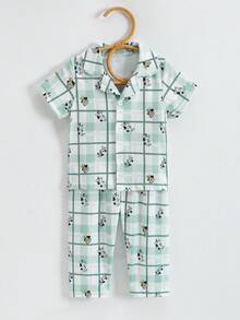 男婴卡通狗狗格子印花 Polo 领开衫和裤子两件套，休闲舒适家居服，春夏款 - 綠色 - 查看 5