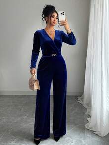 Elenzga Plus Size Solid Color Metal Buckle Waist Fitted Velvet Jumpsuit, Suitable For Party Wear - Royal Blue - View 1