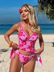 Swim Vcay 女士夏季沙滩度假印花荷叶边修身吊带睡裙 - 玫紅色 - 查看 3