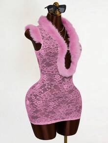 Mistrie Ärmlös sexig miniklänning i spets och mesh för kvinnor - Rosa - Visa 3