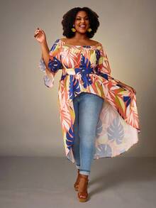 BrightlyHer Plus Size Vacation Casual Floral Print Off-Shoulder Maxi Blouse/Summer/Spring Holiday Beach - Multicolor - View 3