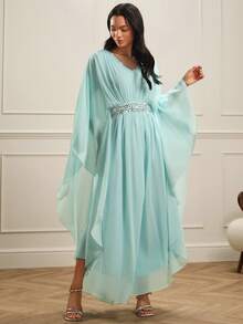 Lilora Women's Elegant Mint Green V-Neck Maxi Dress Long Batwing Sleeve Ruched Flared Hem Flowy Chiffon Gown - Mint Green - View 2