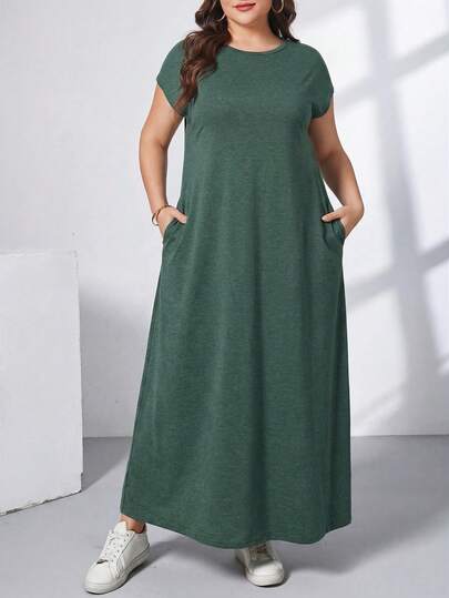 SHEIN Essnce Vestido largo de manga corta verde, de estilo sencillo, para uso diario, con bolsillos, cómodo, elástico y estilizador, para mujeres de talla grande, para primavera/verano