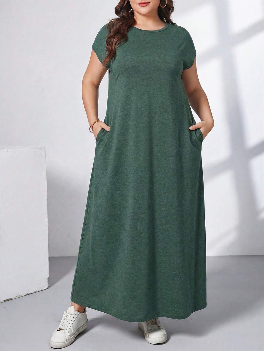 SHEIN Essnce 大码女装春夏时尚休闲弹力舒适日常百搭显瘦绿色短袖长连衣裙,带口袋,简约风格,夏季穿搭 - 綠色 - 查看 1