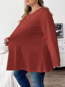 SHEIN CURVE+ 大码纯色长袖T恤，休闲百搭，秋季款 - 紅木色 - 查看 3