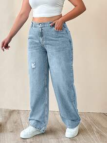 EURMUSE 100% Cotton Plus Size Women's Mid-Blue Elastic Waist Straight Leg Jeans - Medium Wash - View 7