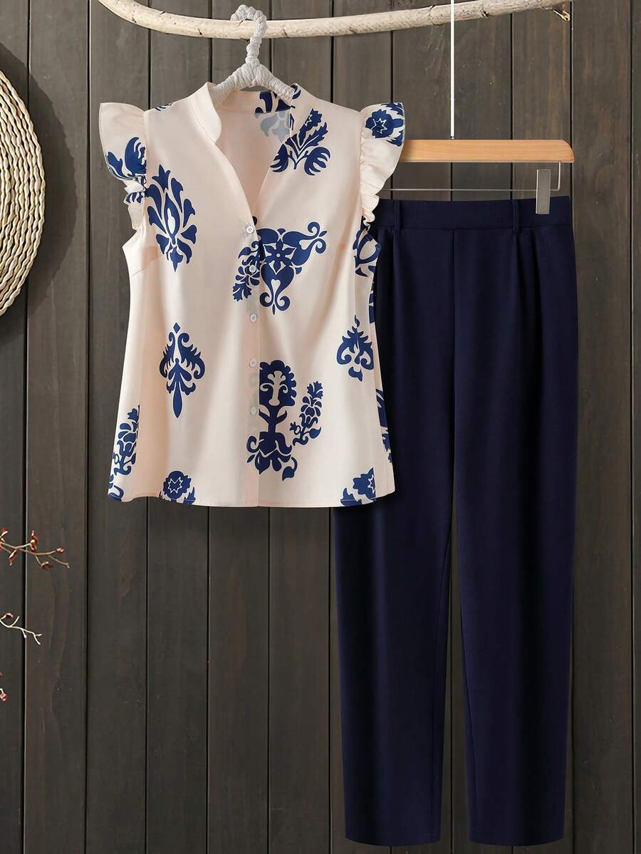 EMERY ROSE Plus Size Women Print Cap Sleeve Top And Pants 2 Pieces Set - Apricot - View 1