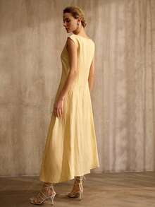 MOTF PREMIUM ASYMMETRIC HEM SLEEVELESS LINEN SHIFT DRESS, MINIMALIST URBAN STYLE, SPRING/SUMMER - Yellow - View 3