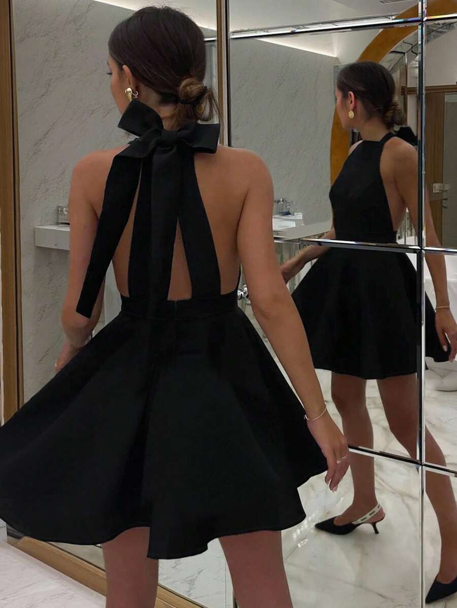 SHEIN Privé Women's Solid Color Backless Sexy Halter Mini Dress - Black - View 1