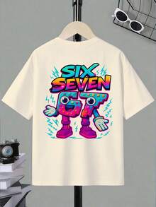 SHEIN Streecool Kids 男童休闲时尚创意个性清新高端简约数字67卡通积木闪电标语印花宽松基础款短袖T恤，舒适日常穿着，适合春、夏、秋季穿着。 - 米色 - 查看 6