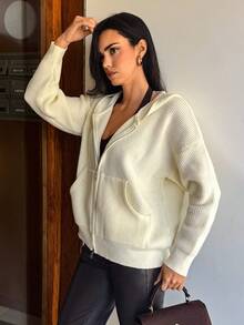 Aidyla Áo khoác cardigan hoodie có mũ trùm đầu cỡ lớn, thoải mái, có thể đảo ngược, khóa kéo, áo khoác len dệt kim đa năng thời trang cho mùa thu/đông - Kem - Xem 1