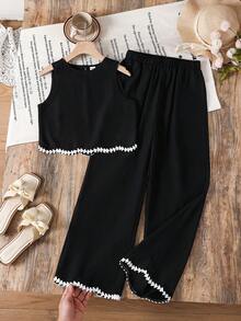 SHEIN 2件套少女碎花圆领休闲吊带背心和裤子套装 - 藍色 - 查看 6