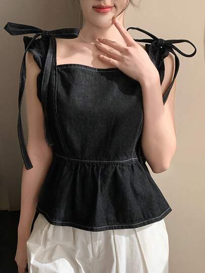 FRIFUL Women's Solid Color Knotted Ruffle Hem Casual Sleeveless Denim Top