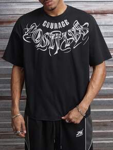 AXEPEAK Men's Letter Print Round Neck Casual Loose T-Shirt - Black - View 1