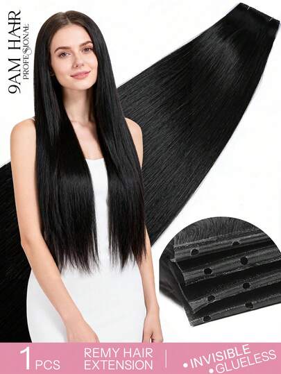 蝴蝶结发片，真人发，无胶OVO PU孔，手工编织，隐形DIY双层发片，直发，1片装，16英寸，自然黑