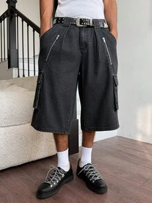 Manfinity EMRG 男士休闲街头风多口袋拉链褶皱黑色牛仔短裤 - 黑色 - 查看 8