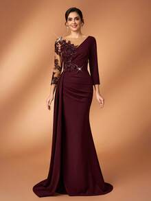 Serin Elegant Luxurious Pearl Beaded Mesh Sleeve Ruched Mermaid Hem Stretch Knit Dress, Suitable For Weddings, Parties, Holidays, Bridal Showers, Galas - Maroon - View 5