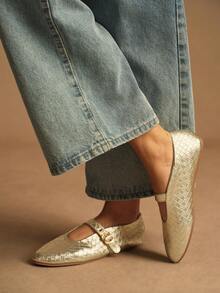 Rosivie 女士平底鞋，金色编织玛丽珍平底鞋，皮革软底复古圆头单扣夏季透气鞋 - 玫瑰金 - 查看 4