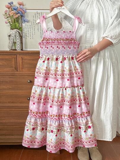 Vintaside Kids 1pc Girls' Summer Floral Print Ruffled Layered Pink Sundress With Bow Strap Fitted Dress