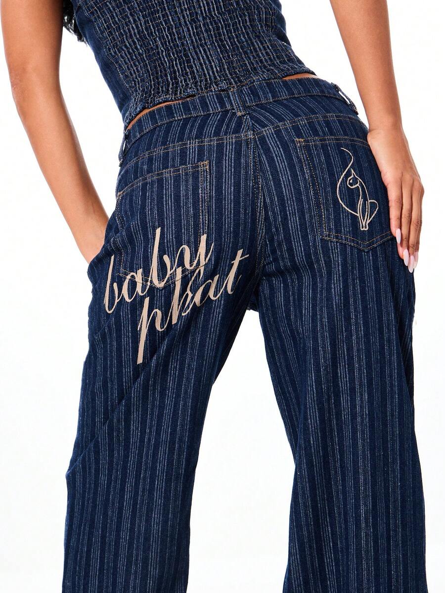 BABYPHAT 条纹牛仔翻边牛仔裤，饰有刺绣文字细节，高腰阔腿复古水洗棉质休闲裤，秋冬时尚单品 - 藍色 - 查看 1