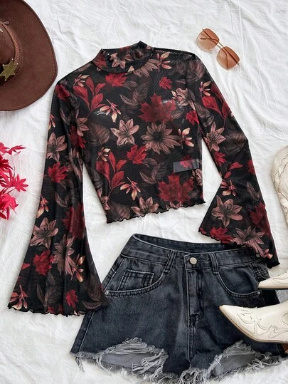 Soleia Plus Size New Leaf Print Flare Sleeve Fitted Top, Bohemian, Boho, Vacation, Fall Women Clothes, Vintage, Holiday,Summer Outfits,Spring Outfit Women,Beach Outfits For Women,Going Out,Graduation,Vacation Outfits Women.