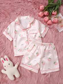 SHEIN 2pcs Baby Girls' Cute & Fresh Light Pink Cartoon Rabbit & Peach All-Over Print Cardigan Short Sleeve Top And Shorts Pajama Homewear Set - Multicolor - View 4