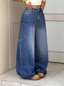 SHEIN Women's Fashion Casual Washed Slant Pocket Loose Fit Jeans - Blue - View 7