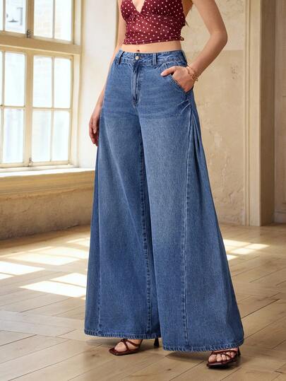 Selenza Women's Casual Everyday Washed Loose Fit Wide Leg Jeans With Slant Pockets