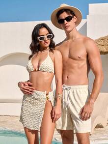 Manfinity VDAYZ 1件男士夏季度假风锯齿印花抽绳腰斜插口袋宽松沙滩短裤 - 米色 - 查看 3