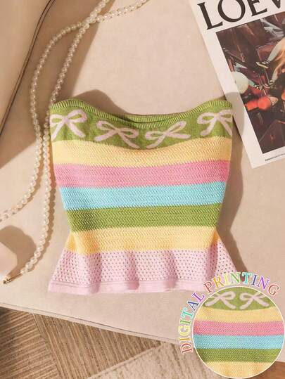 Resyla Top sin tirantes para mujer / Diseño de bloques de color a rayas arcoíris / Patrón de lazo / Estilo dulce y lindo / Versátil, de moda y casual / Regalo para ella / Regalo de vacaciones / Top sin tirantes para mujer Primavera/Verano 2026