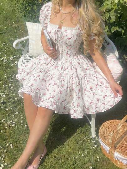 SHEIN MOD White Base With Pink And Red Floral Print, Puffed Short Sleeves, Square Neckline With Ruffle Trim, Tie Front Detail, Fitted Bodice, Flared Skirt, Ruffled Hem, Breathable Material, Soft Texture, Lightweight Construction, Feminine Style, Vintage-Inspired Design, Flattering Silhouette, Casual Elegance, Natural Fibers, Delicate Pattern, Comfortable Wear, Smooth Finish, Flowing Movement, Charming Details, Classic Look. Cottagecore Dress Milkmaid Dress Picnic Dress Wildflower Dress Summer Floral Dress Summer Clothes Summer Outfits For Women  Easter Dress Women Party Dress Beach Dresses Wedding Guest Dresses Graduation Dresses Summer Holiday Outfits