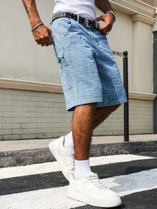 Manfinity Hypemode Men's Casual Streetwear Multi-Pocket Distressed Blue Denim Cargo Shorts - Light Wash - View 6