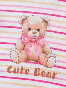 SHEIN Playful Pals Bộ 6 món cho bé gái sơ sinh 0-3 tuổi, mùa xuân hè, kiểu dáng dễ thương, áo thun và quần short họa tiết thỏ, màu trơn và kẻ sọc. - Hồng - Xem 3