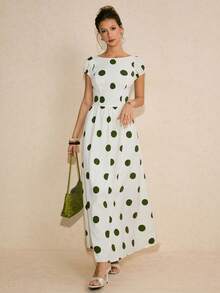 Poéselle 女士波点印花船领露背休闲连衣裙 - 綠色 - 查看 9