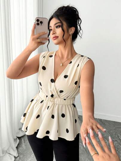 Elenzga Elegant Plus-Size Women's Classic Black-And-White Polka-Dot Printed Sleeveless Vest With V-Neck, Waist Cinching Detail, Metal Buckle Belt, Ruffle Trim, And A Casual Fit Perfect For Commuting, Daily Wear, Vacations, Gatherings, Street Picnics – A Sweet And Stylish Sleeveless Top Or Shirt. Peplum Top Black And White Polka Dot Top Polka Dot Peplum Top Polka Dots Top Peplum Blouse Peplum Tops Sleeveless Peplum Top Peplum Top Women Wrap Peplum Top