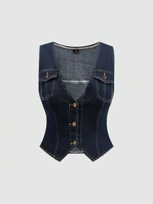 SHEIN MOD Damen Große Größen V-Ausschnitt Einreihige Lässig Denim-Weste Sommer Urlaub Frühling Valentinstag Karneval Kostümparty Top für Damen Strand für Damen Elegantes Top für Damen Urlaub Damen Lässig Top für Damen Lässig Damen Ärmellose Denim-Weste in Dunkelwäsche mit Knöpfen vorne und Pattentaschen - Dunkle Waschung - Übersicht 1