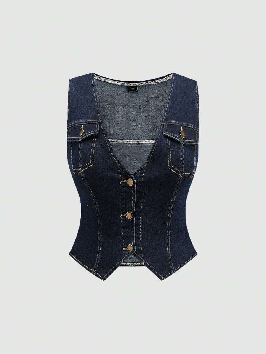 SHEIN MOD Damen Große Größen V-Ausschnitt Einreihige Lässig Denim-Weste Sommer Urlaub Frühling Valentinstag Karneval Kostümparty Top für Damen Strand für Damen Elegantes Top für Damen Urlaub Damen Lässig Top für Damen Lässig Damen Ärmellose Denim-Weste in Dunkelwäsche mit Knöpfen vorne und Pattentaschen - Dunkle Waschung - Übersicht 1